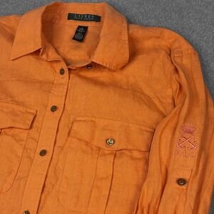 Lauren Ralph Lauren 100% Linen Safari‎ Blouse Roll Tab Sleeve Sz S Coastal Crest